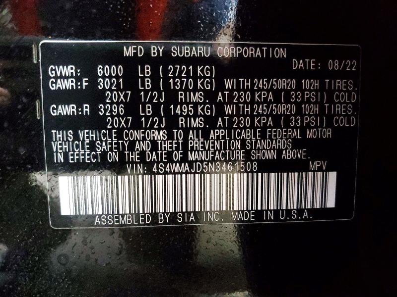 Photo 14 from auction – 2022 SUBARU ASCENT with VIN 4S4WMAJD5N3461508