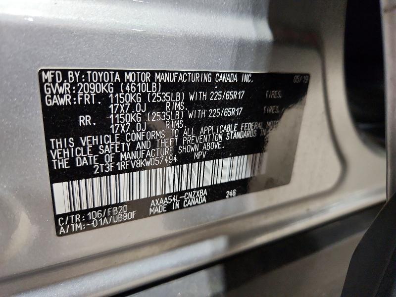 Photo 14 from auction – 2019 TOYOTA RAV4 with VIN 2T3F1RFV8KW057494