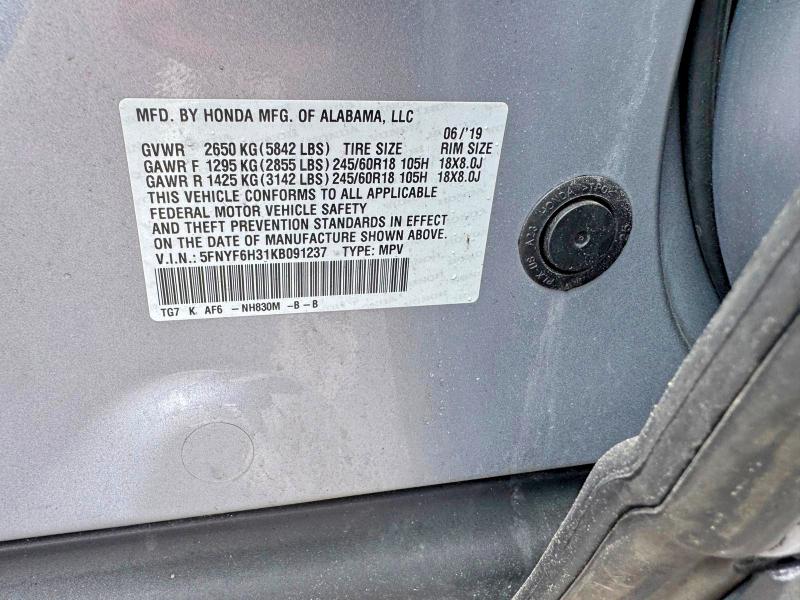 Photo 12 from auction – 2019 HONDA PILOT with VIN 5FNYF6H31KB091237