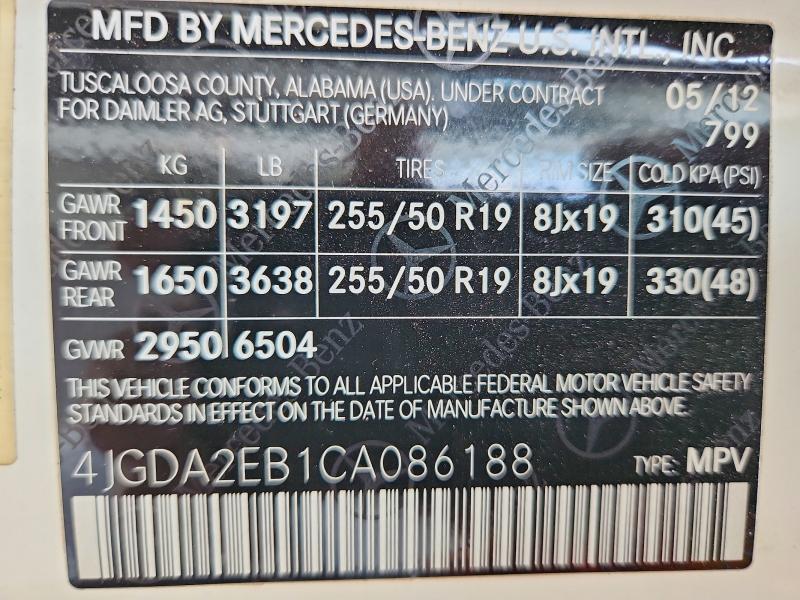 Photo 14 from auction – 2012 MERCEDES-BENZ ML with VIN 4JGDA2EB1CA086188