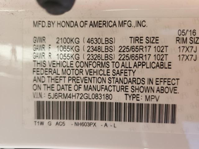 Photo 14 from auction – 2016 HONDA CR-V EXL with VIN 5J6RM4H72GL083180