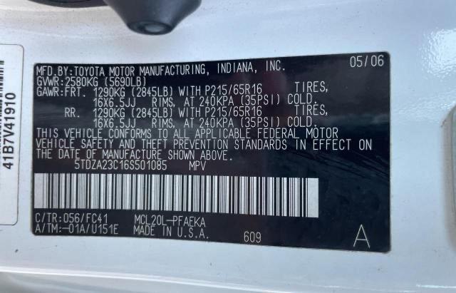 Photo 10 from auction – 2006 TOYOTA SIENNA CE with VIN 5TDZA23C16S501085