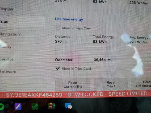 Photo 9 from auction – 2019 TESLA MODEL 3 with VIN 5YJ3E1EAXKF464259
