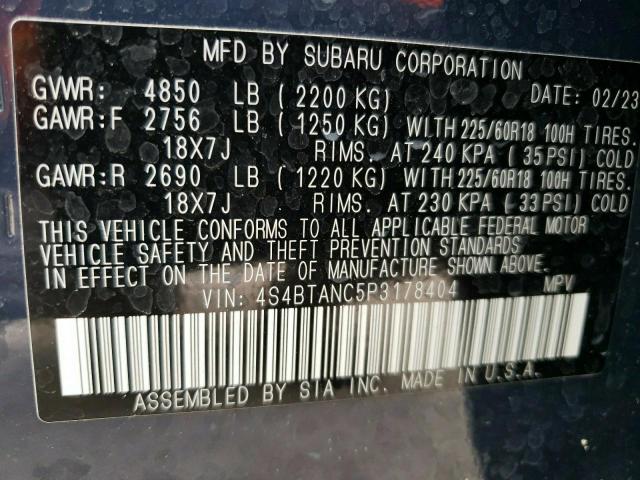 Photo 14 from auction – 2023 SUBARU OUTBACK LI with VIN 4S4BTANC5P3178404