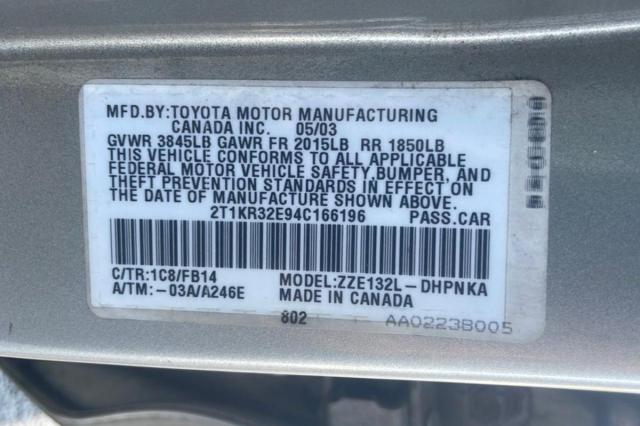 Photo 10 from auction – 2004 TOYOTA COROLLA MA with VIN 2T1KR32E94C166196