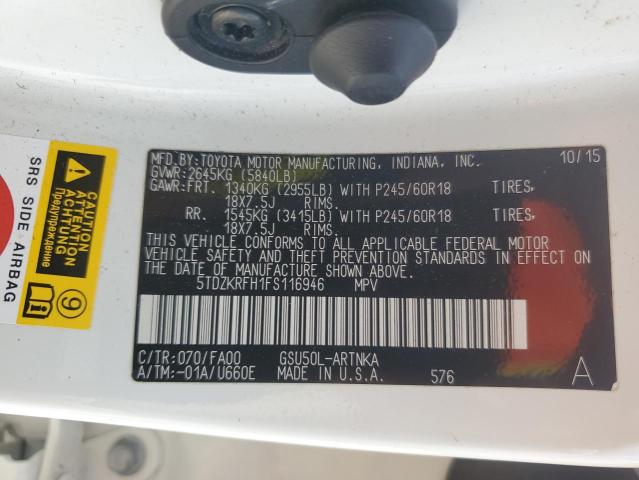 Photo 14 from auction – 2015 TOYOTA HIGHLANDER with VIN 5TDZKRFH1FS116946