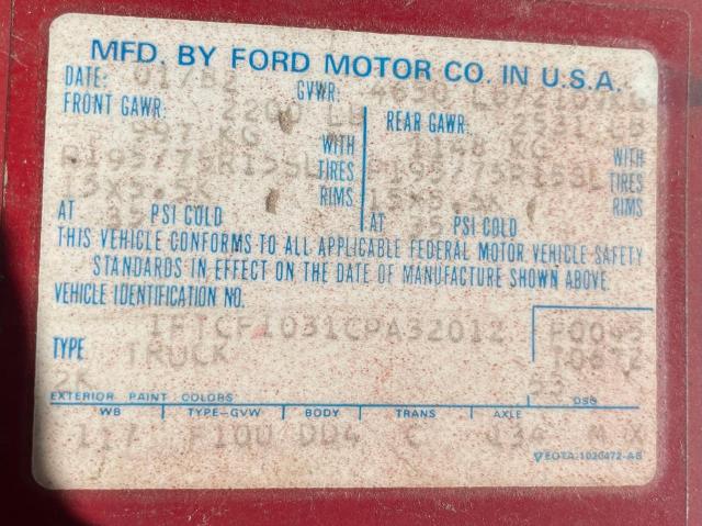 Photo 10 from auction – 1982 FORD F100 with VIN 1FTCF1031CPA32012