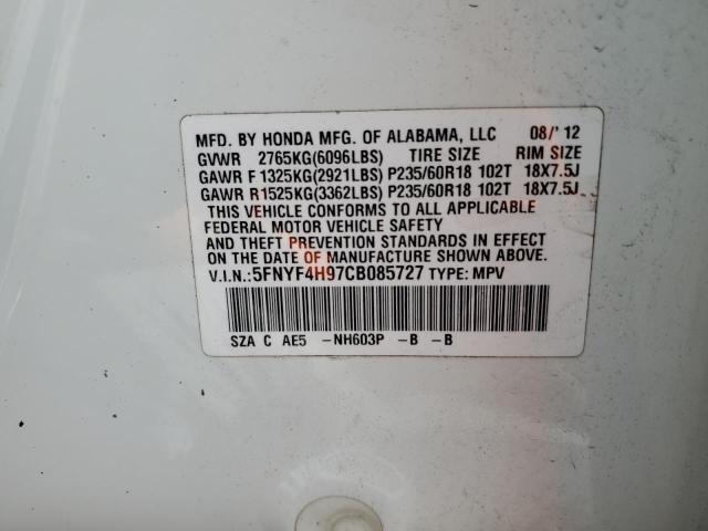 Photo 14 from auction – 2012 HONDA PILOT TOUR with VIN 5FNYF4H97CB085727