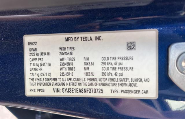 Photo 10 from auction – 2022 TESLA MODEL 3 with VIN 5YJ3E1EA8NF370725