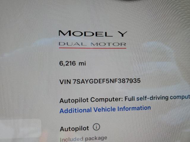 Photo 9 from auction – 2022 TESLA MODEL Y with VIN 7SAYGDEF5NF387935