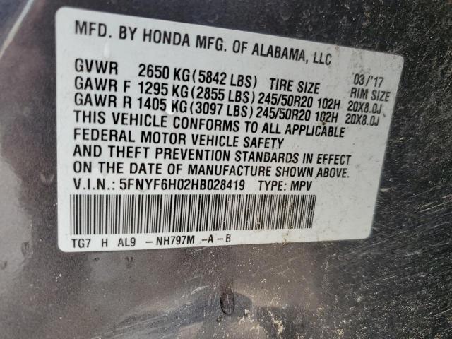 Photo 14 from auction – 2017 HONDA PILOT ELIT with VIN 5FNYF6H02HB028419