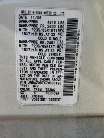 Photo 14 from auction – 2007 NISSAN MURANO SL with VIN JN8AZ08TX7W508190