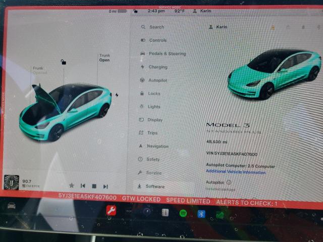 Photo 9 from auction – 2019 TESLA MODEL 3 with VIN 5YJ3E1EA5KF407600