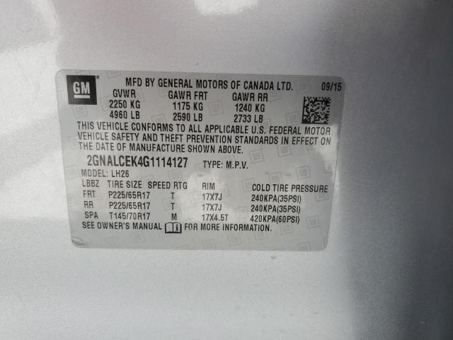 Photo 14 from auction – 2016 CHEVROLET EQUINOX LT with VIN 2GNALCEK4G1114127