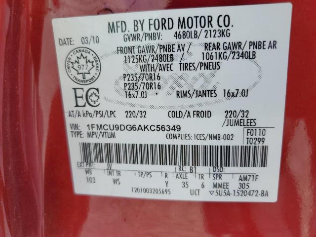 Photo 14 from auction – 2010 FORD ESCAPE XLT with VIN 1FMCU9DG6AKC56349