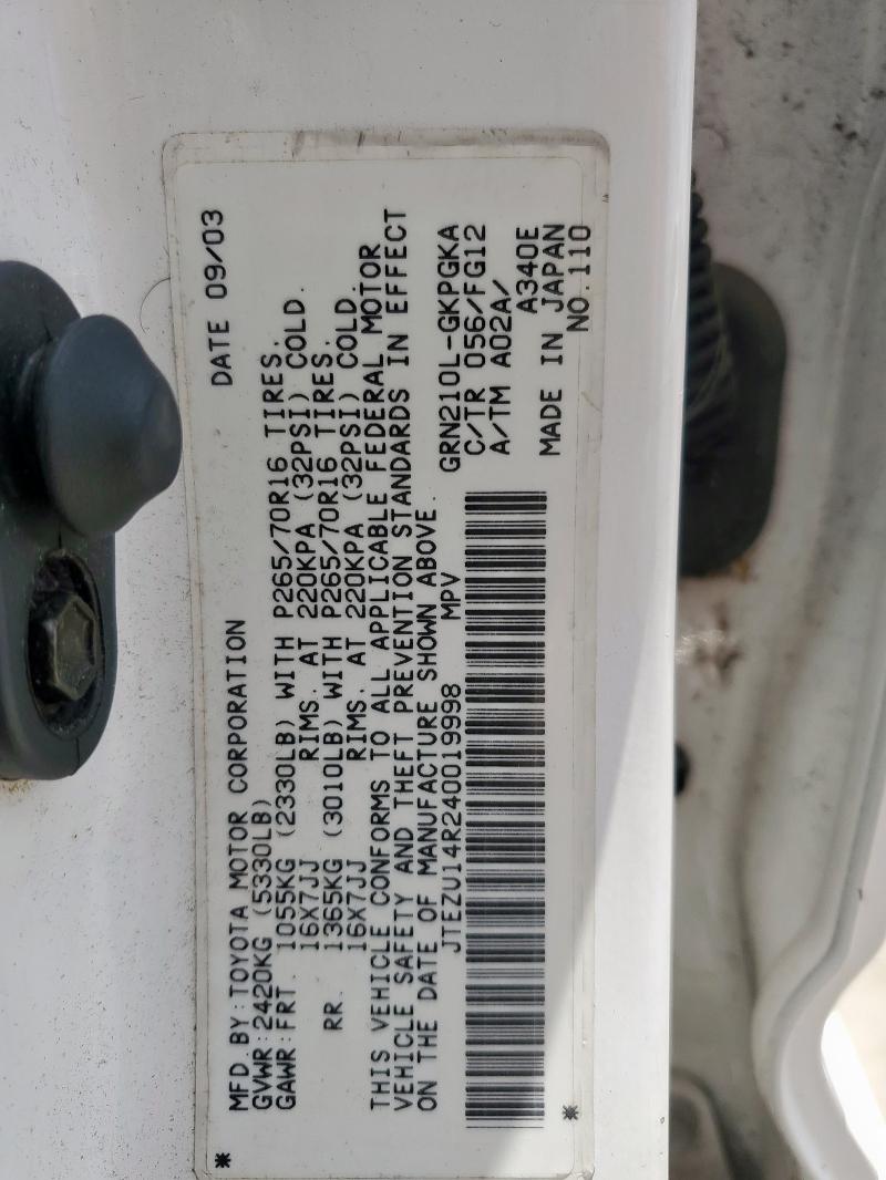 Photo 14 from auction – 2004 TOYOTA 4RUNNER SR with VIN JTEZU14R240019998