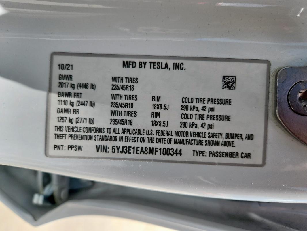 Photo 14 from auction – 2021 TESLA MODEL 3 with VIN 5YJ3E1EA8MF100344
