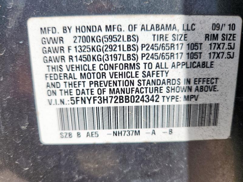 Photo 14 from auction – 2011 HONDA PILOT EXLN with VIN 5FNYF3H72BB024342