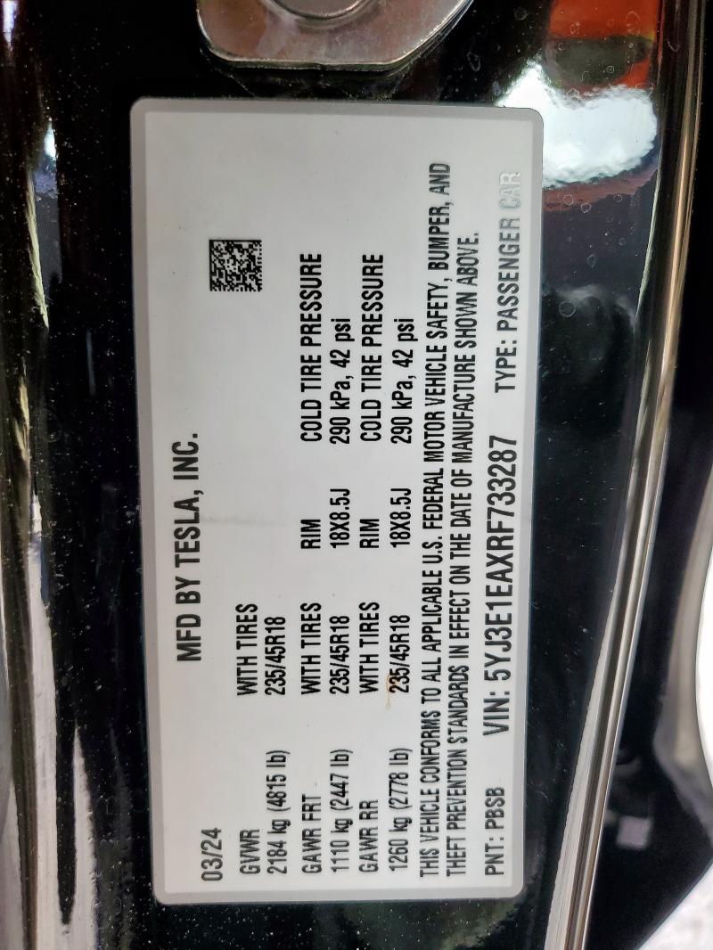 Photo 14 from auction – 2024 TESLA MODEL 3 with VIN 5YJ3E1EAXRF733287