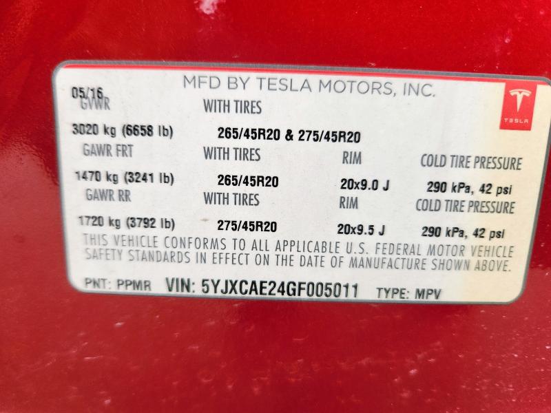 Photo 14 from auction – 2016 TESLA MODEL X with VIN 5YJXCAE24GF005011