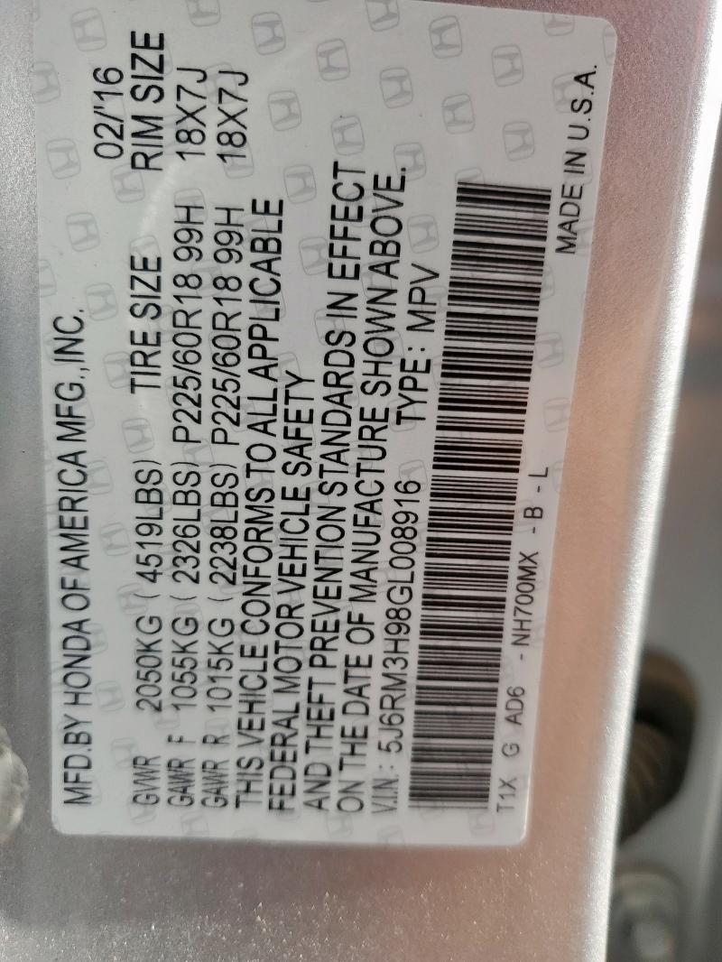 Photo 14 from auction – 2016 HONDA CR-V TOURI with VIN 5J6RM3H98GL008916