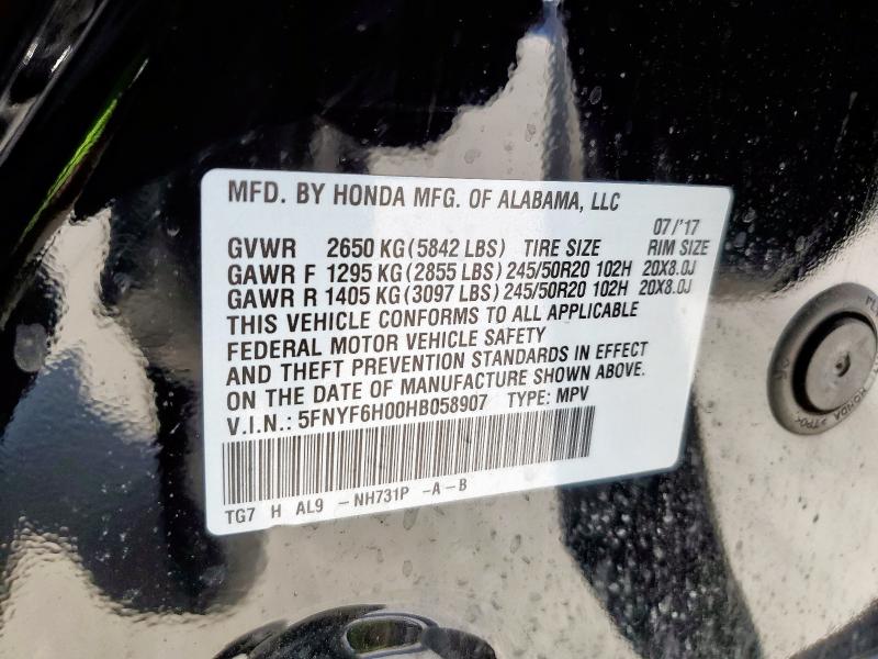Photo 14 from auction – 2017 HONDA PILOT ELIT with VIN 5FNYF6H00HB058907