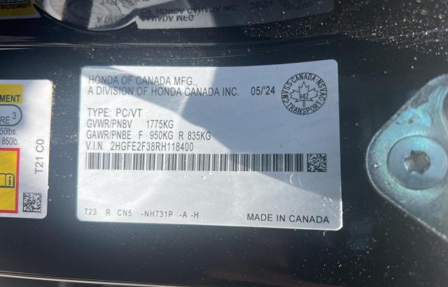 Photo 10 from auction – 2024 HONDA CIVIC EX with VIN 2HGFE2F38RH118400
