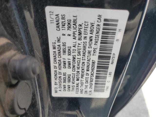 Photo 10 from auction – 2012 HONDA CIVIC LX with VIN 2HGFB2F5XCH609987