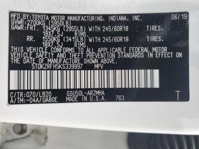 Photo 14 from auction – 2019 TOYOTA HIGHLANDER with VIN 5TDKZRFH5KS339997