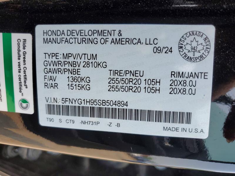 Photo 14 from auction – 2025 HONDA PILOT with VIN 5FNYG1H95SB504894