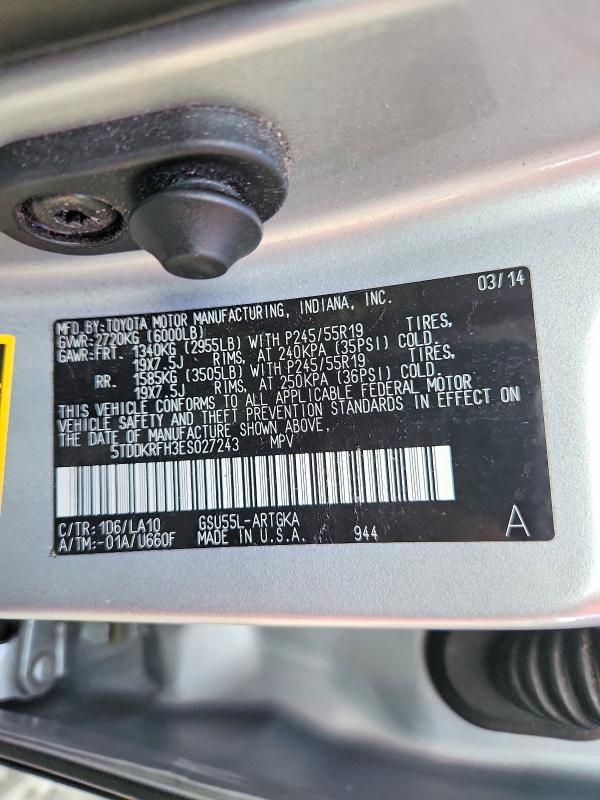 Photo 14 from auction – 2014 TOYOTA HIGHLANDER with VIN 5TDDKRFH3ES027243