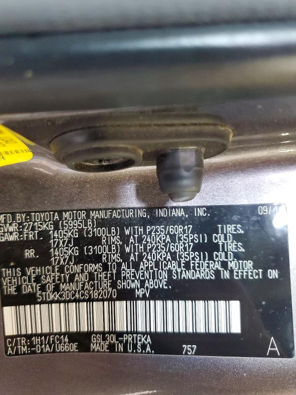 Photo 14 from auction – 2012 TOYOTA SIENNA with VIN 5TDKK3DC4CS182070