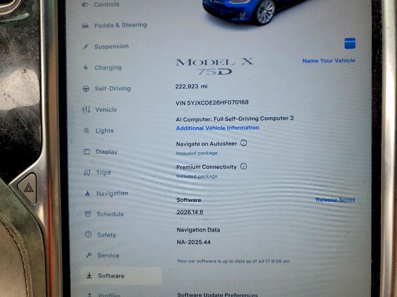 Photo 9 from auction – 2017 TESLA MODEL X with VIN 5YJXCDE26HF070168