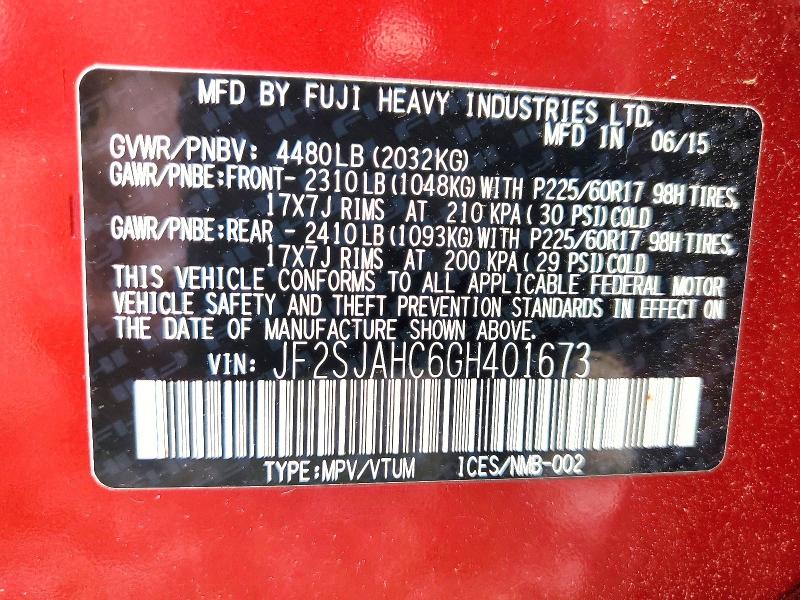 Photo 14 from auction – 2016 SUBARU FORESTER with VIN JF2SJAHC6GH401673