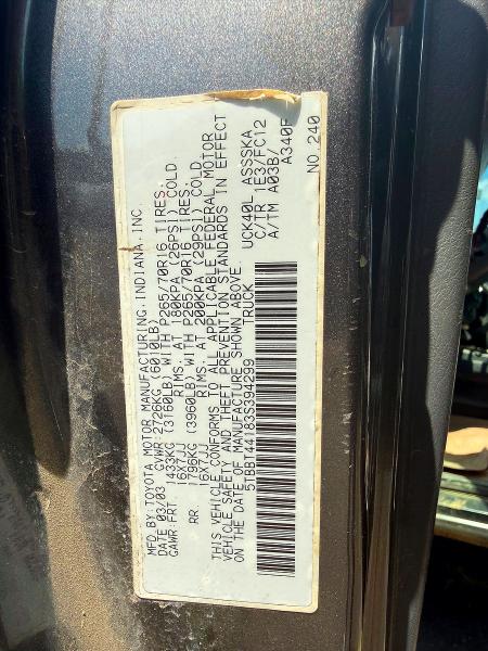 Photo 10 from auction – 2003 TOYOTA TUNDRA with VIN 5TBBT44183S394299