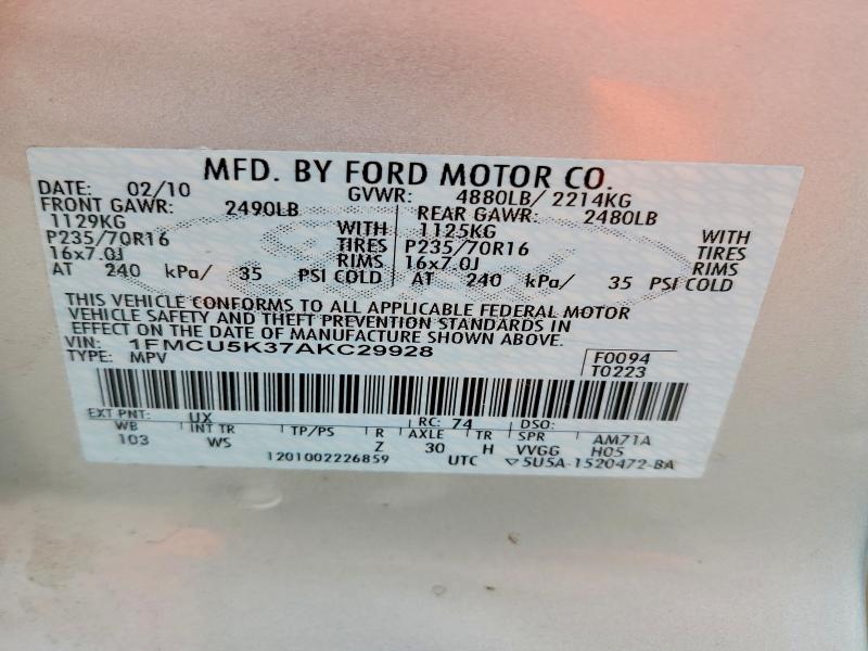 Photo 14 from auction – 2010 FORD ESCAPE with VIN 1FMCU5K37AKC29928