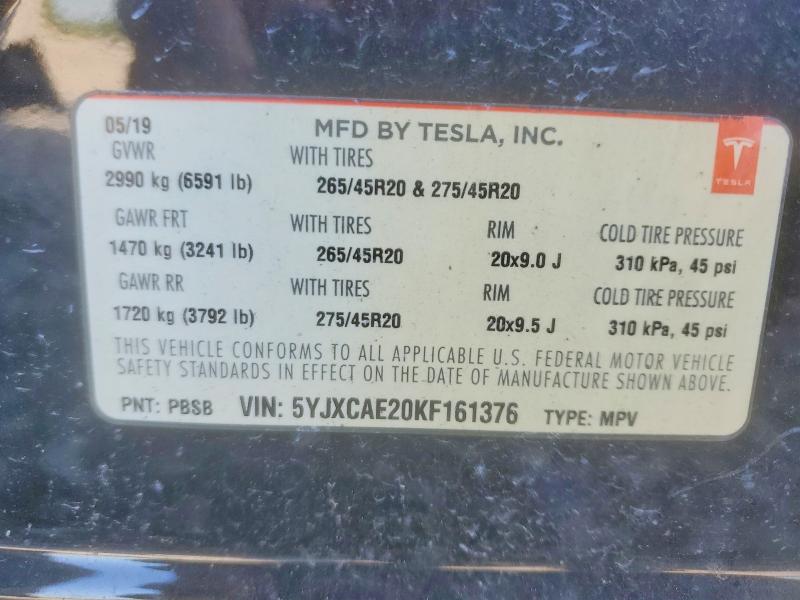 Photo 14 from auction – 2019 TESLA MODEL X with VIN 5YJXCAE20KF161376