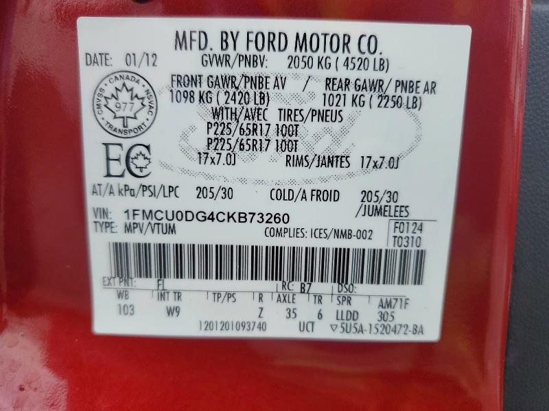 Photo 14 from auction – 2012 FORD ESCAPE with VIN 1FMCU0DG4CKB73260