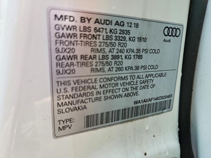 Photo 14 from auction – 2019 AUDI Q8 with VIN WA1AVAF14KD020463