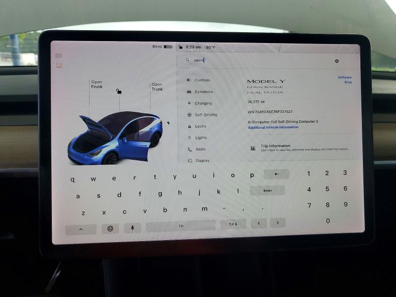 Photo 9 from auction – 2022 TESLA MODEL Y with VIN 7SAYGAEE7NF337527