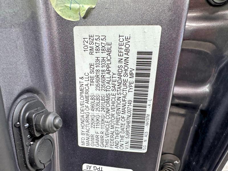 Photo 10 from auction – 2022 HONDA CR-V with VIN 5J6RT6H87NL007149