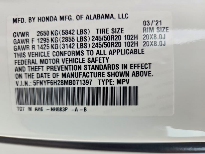 Photo 14 from auction – 2021 HONDA PILOT with VIN 5FNYF6H28MB071397