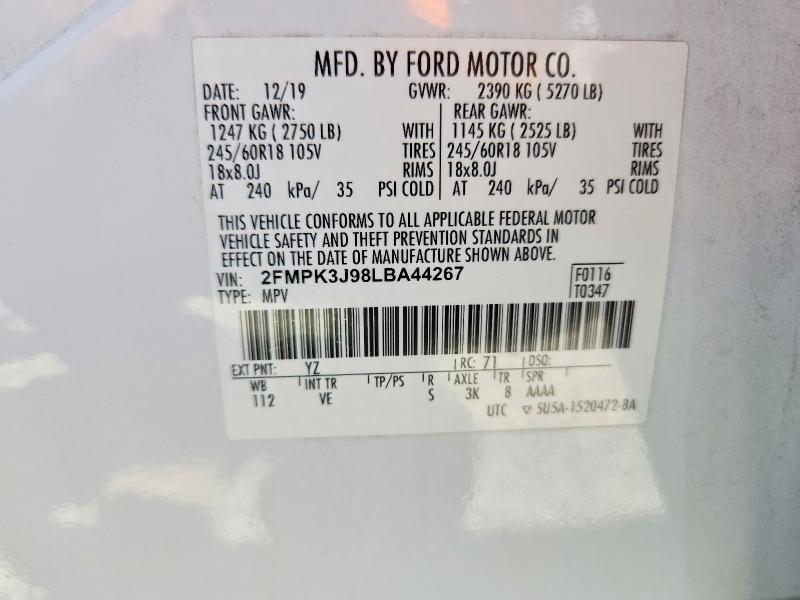 Photo 14 from auction – 2020 FORD EDGE with VIN 2FMPK3J98LBA44267