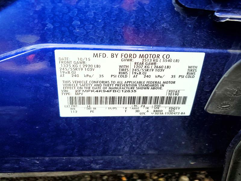 Photo 14 from auction – 2015 FORD EDGE with VIN 2FMPK4K94FBC12835