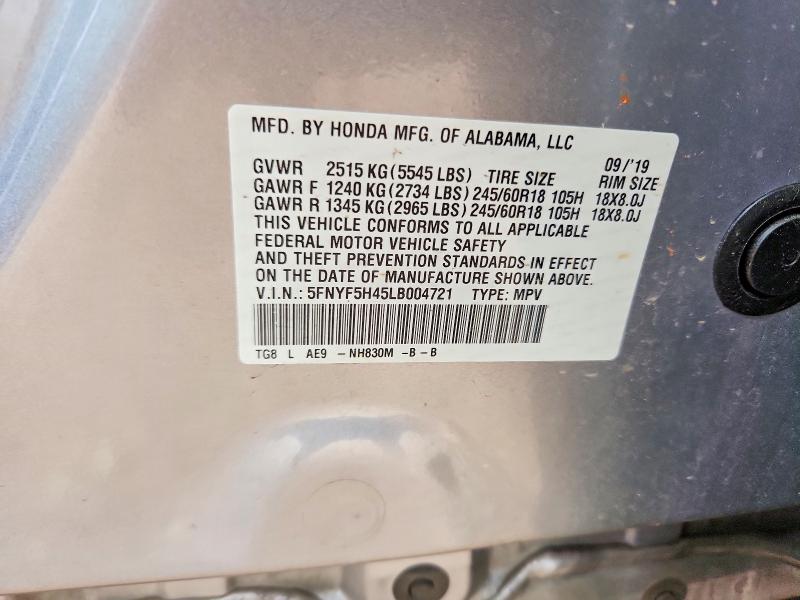 Photo 14 from auction – 2020 HONDA PILOT with VIN 5FNYF5H45LB004721