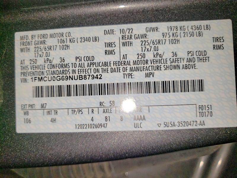 Photo 14 from auction – 2022 FORD ESCAPE with VIN 1FMCU0G69NUB87942