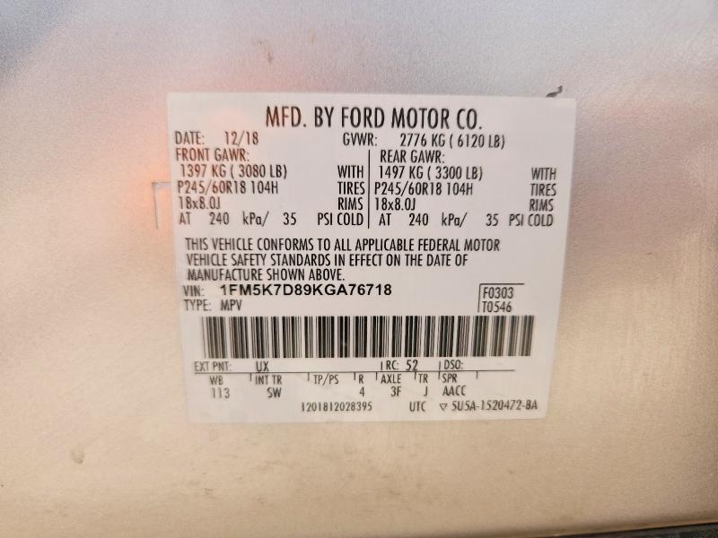Photo 14 from auction – 2019 FORD EXPLORER with VIN 1FM5K7D89KGA76718
