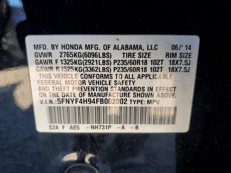 Photo 14 from auction – 2015 HONDA PILOT with VIN 5FNYF4H94FB002002