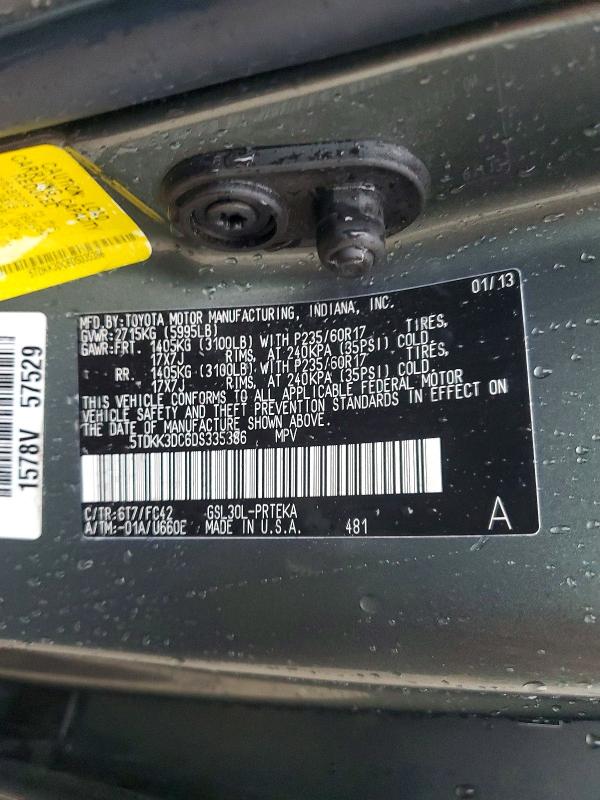 Photo 14 from auction – 2013 TOYOTA SIENNA with VIN 5TDKK3DC6DS335386