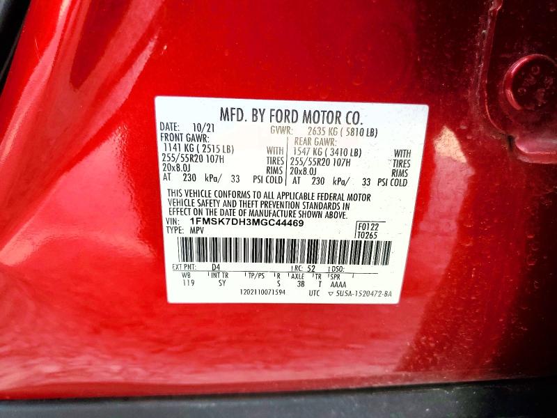 Photo 14 from auction – 2021 FORD EXPLORER with VIN 1FMSK7DH3MGC44469